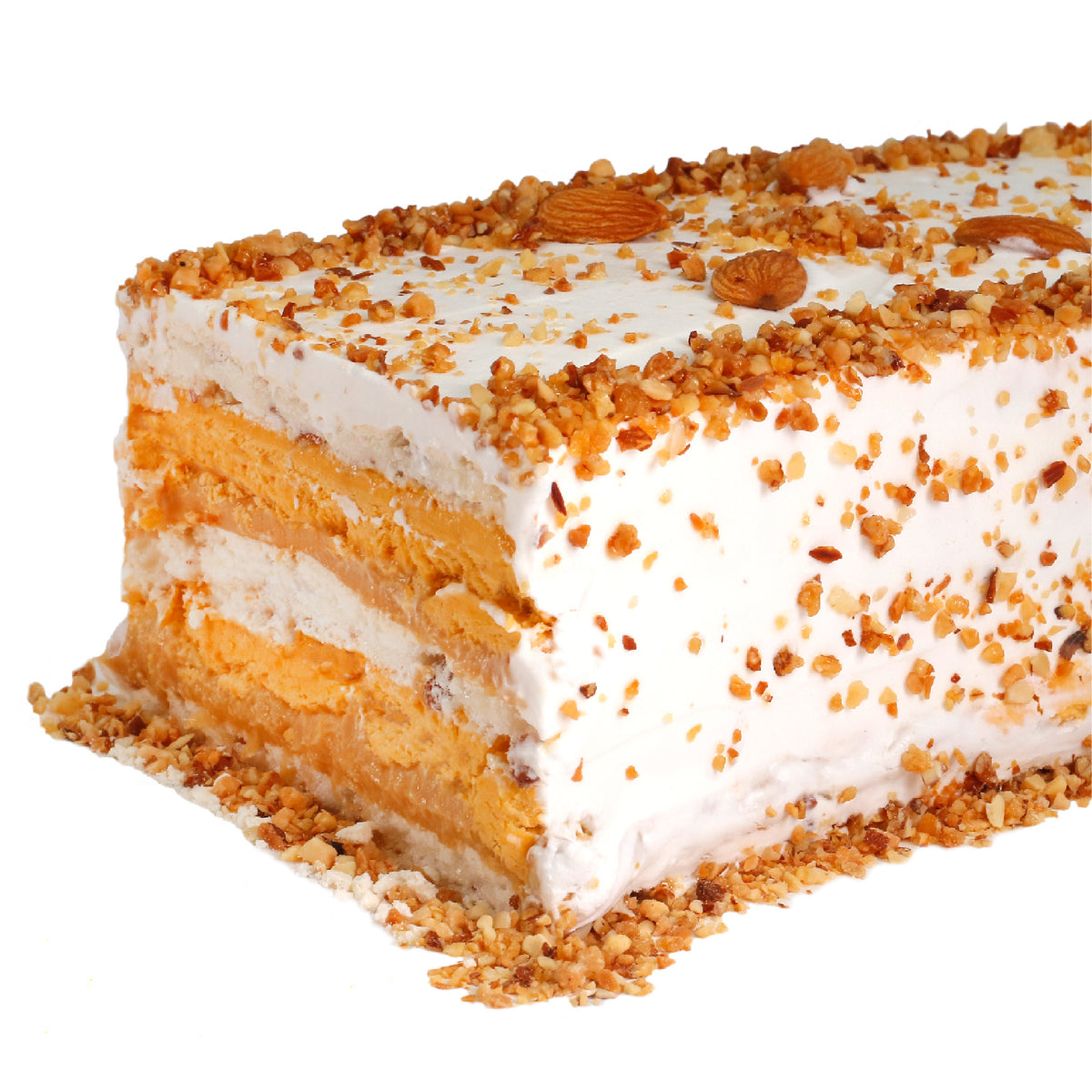 Torta rectangular de merengue con manjar, crema, lúcuma y almendras, 15 porciones
