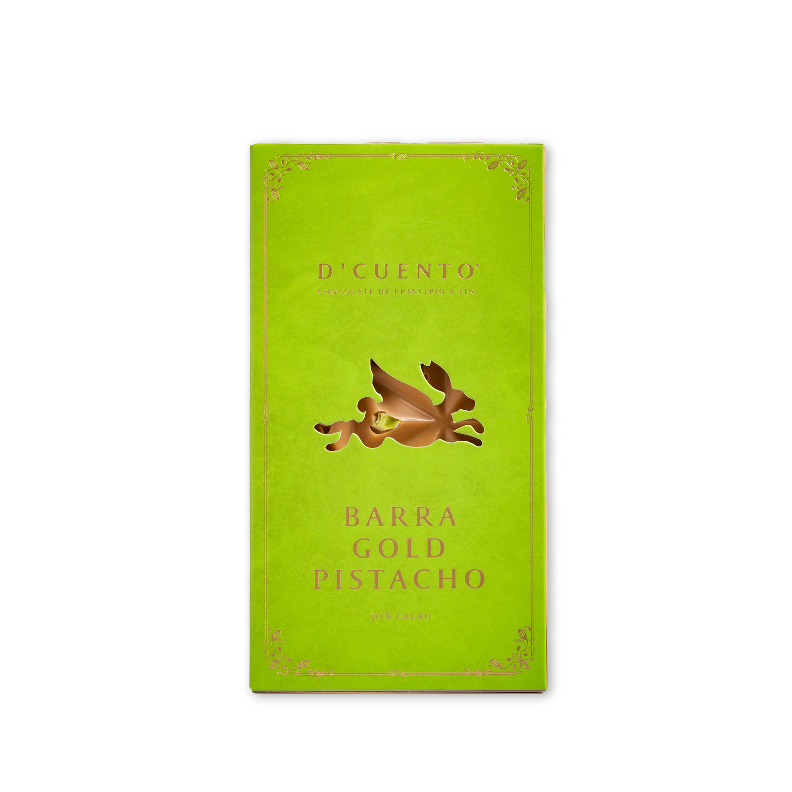 Barra de chocolate 30% cacao con pistacho, notas dulces y tostadas