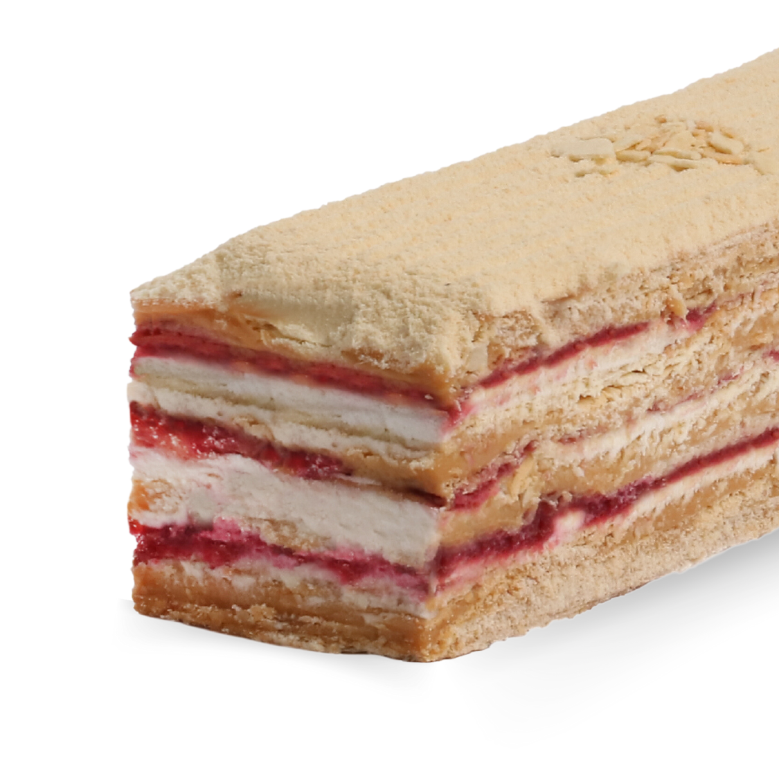 Torta Mil Hojas con manjar blanco, crema y salsa de frambuesa natural