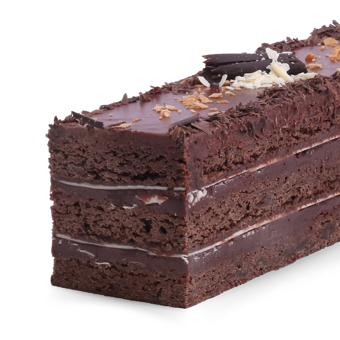 Torta de chocolate estilo brownie con ganache y láminas de chocolate blanco