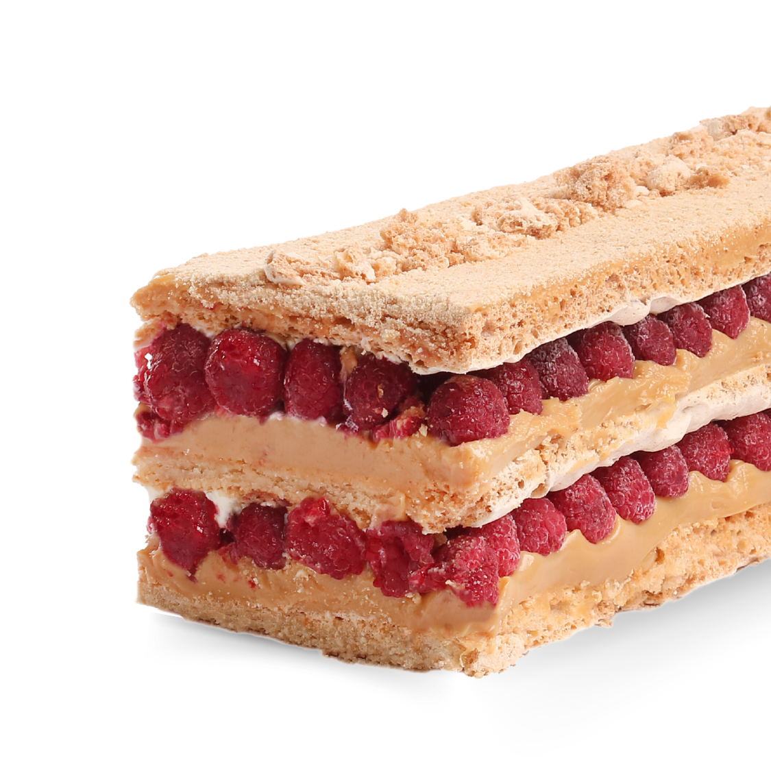 Barra de merengue con manjar, frambuesas y crema. Formato para 15 personas