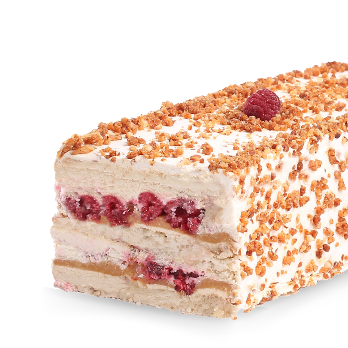 Barra de merengue con almendras, manjar blanco, crema de leche y frambuesas