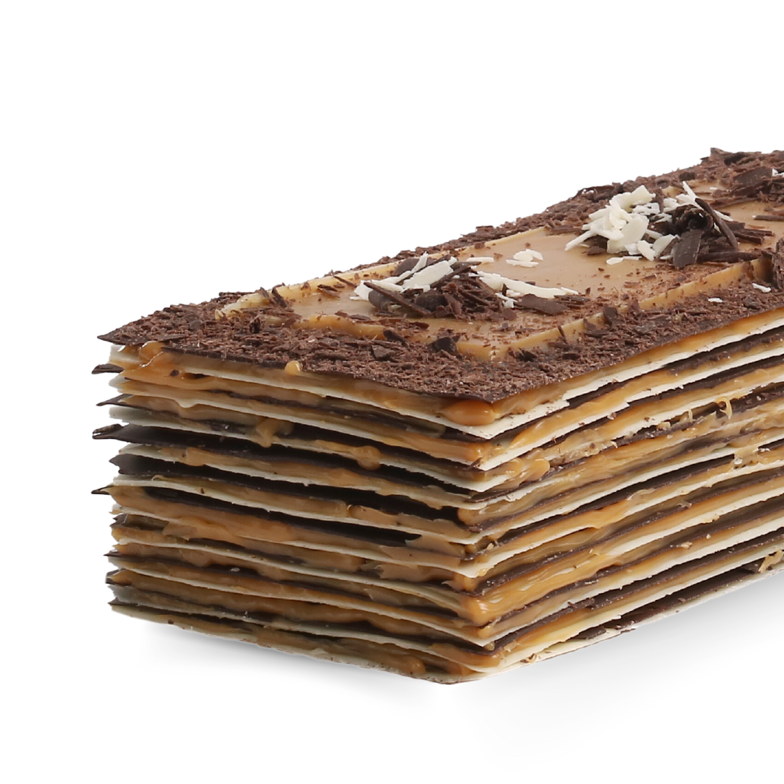 Barra de láminas de chocolate blanco y bitter, rellena con manjar blanco