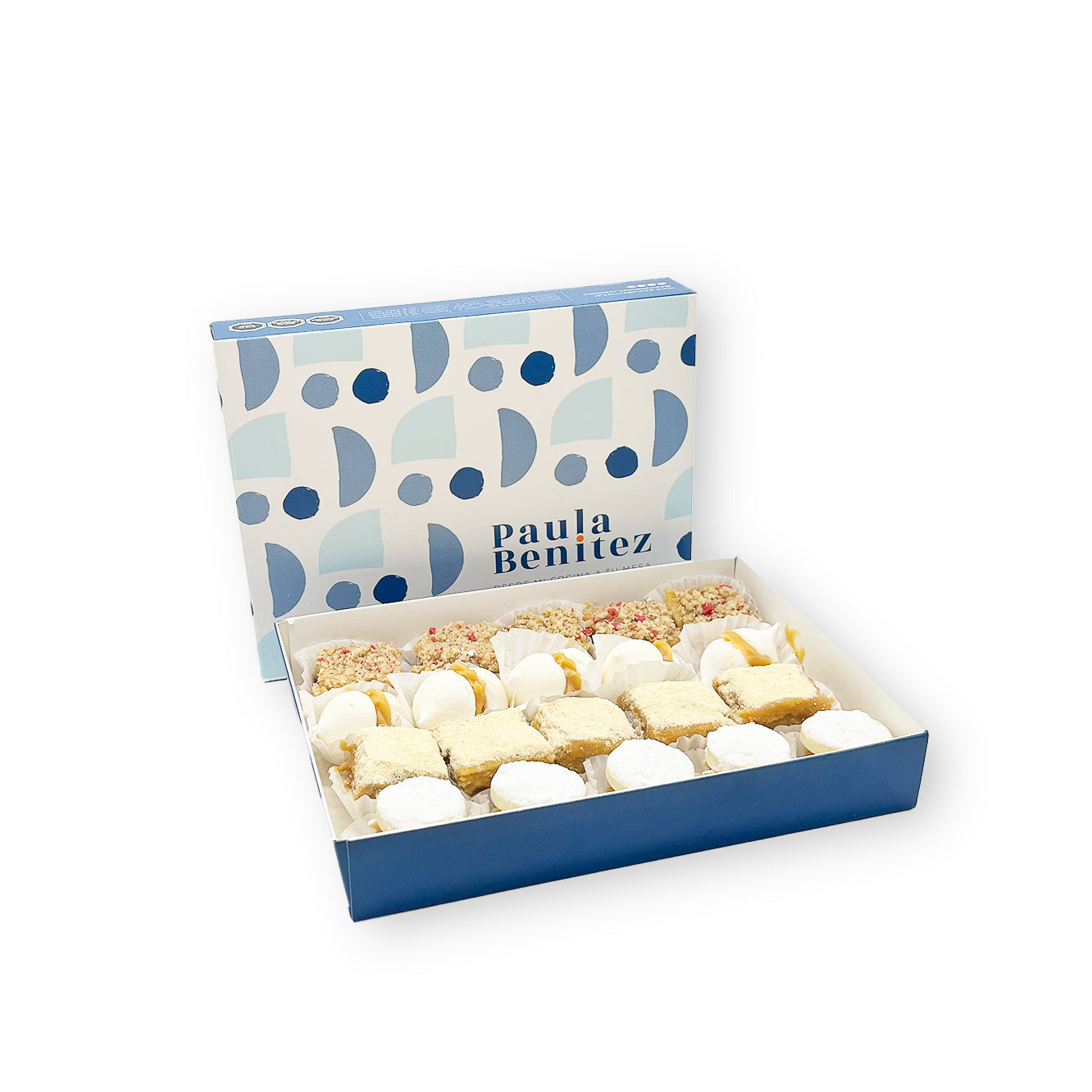 Caja con 20 mini delicias surtidas: alfajores, milhojas, merenguitos y tentación