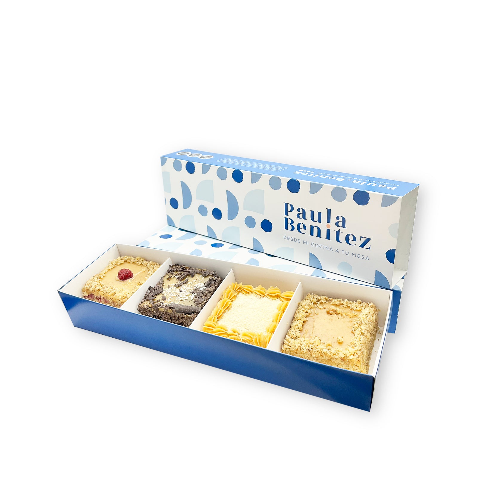 Set de 4 mini tortas: Tentación de nuez, frambuesa, milhoja manjar y brownie