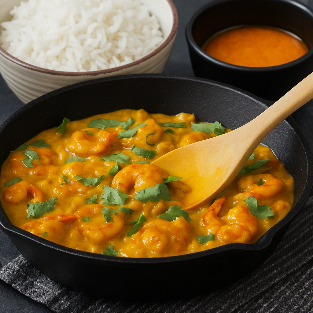 Plato de camarones con salsa de curry, leche de coco, espinaca y tomates cherry