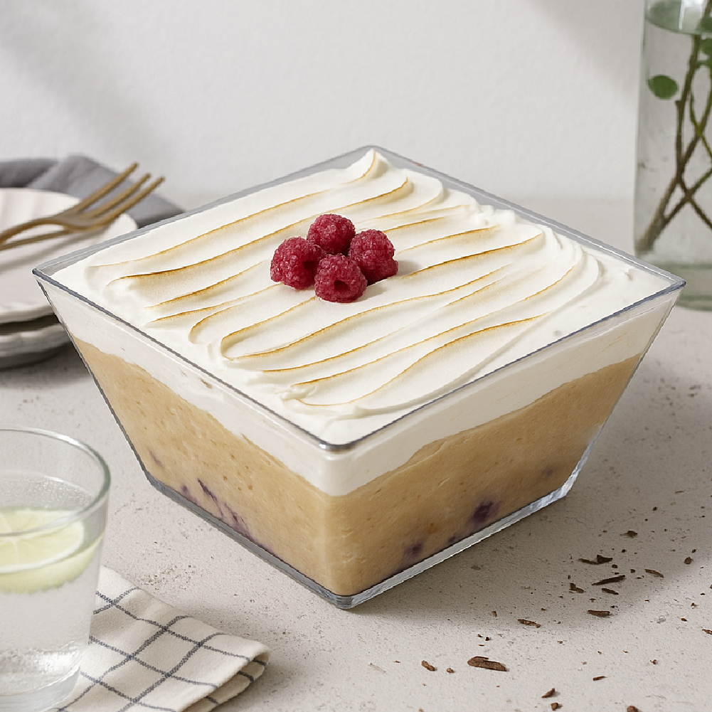 Postre tres leches con frambuesas frescas y merengue sobre bizcocho húmedo