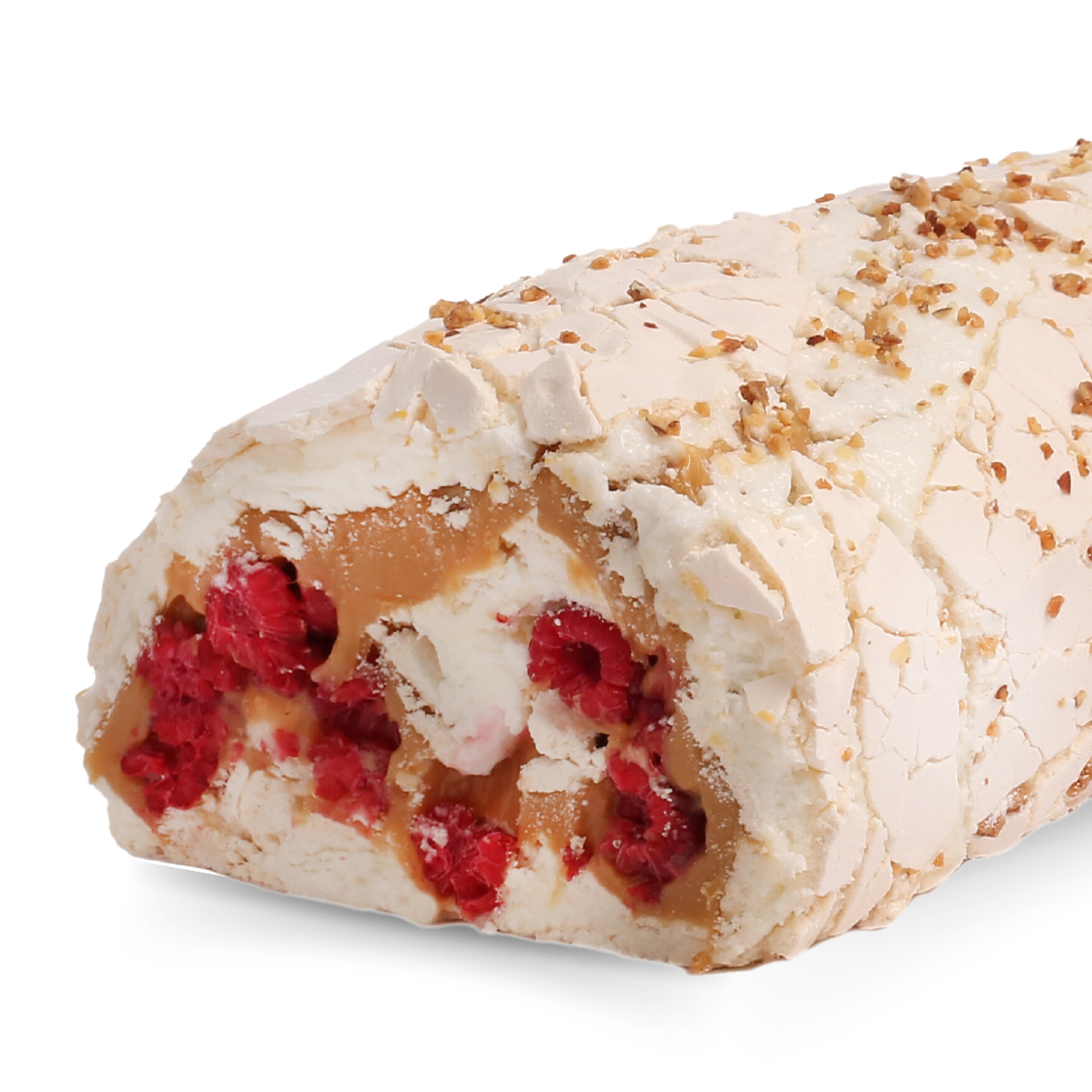 Rollo de merengue relleno con manjar y frambuesa. Incluye fruta para decorar