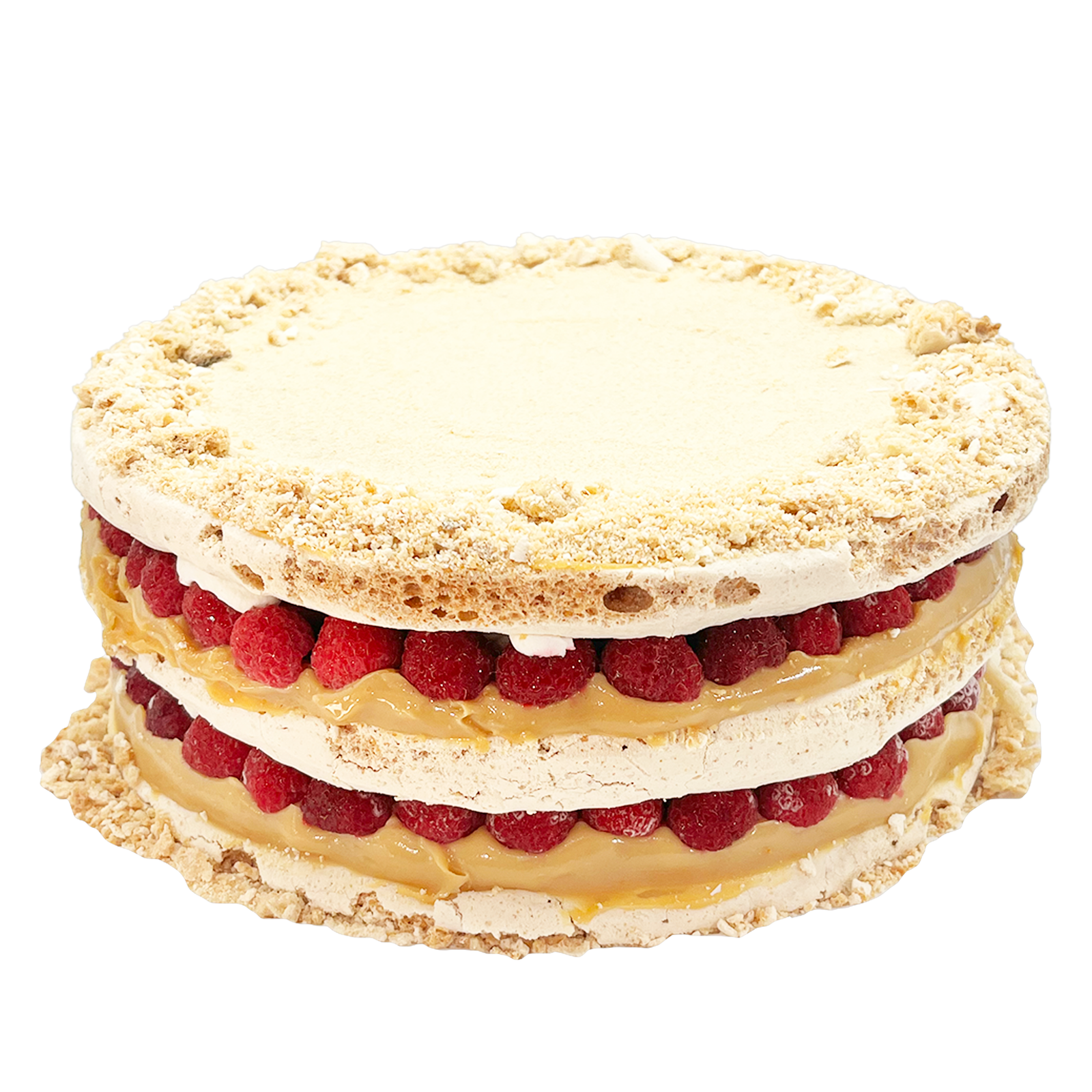 Torta de merengue con almendras, rellena de manjar, crema y frambuesas enteras