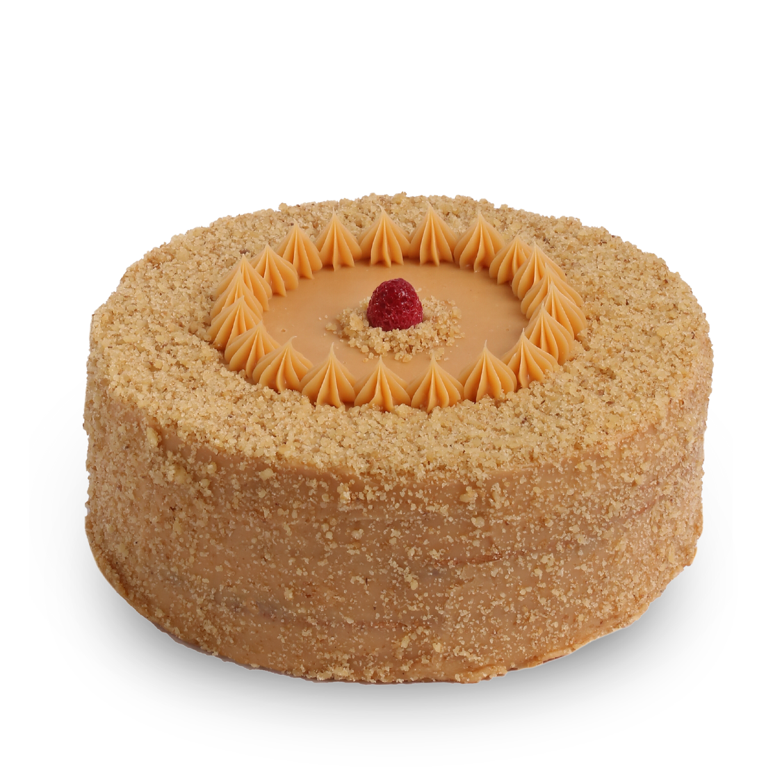 Torta de Nuez con manjar blanco y salsa de frambuesa natural