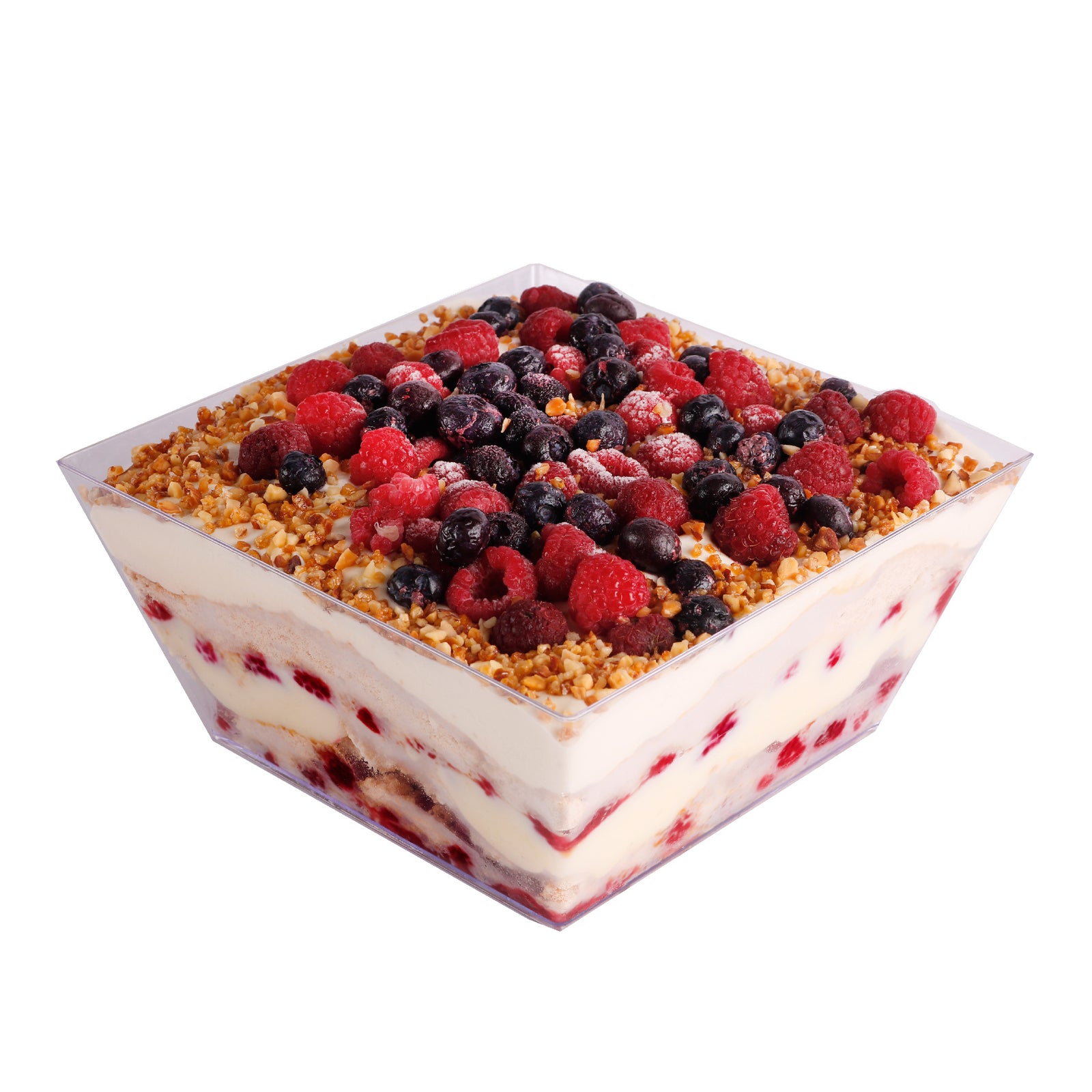 Postre con crocante de almendras, frambuesas y arándanos, ideal para celebraciones